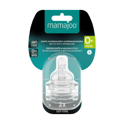 Mamajoo Anti-Kolik-Flaschensauger mit Aufbewahrungsbox / 0+ Monate, klein, 2er-Pack