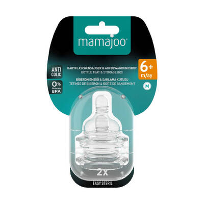 Mamajoo Silikon-Flaschensauger mit Aufbewahrungsbox / 6+ Monate, Medium, 2er-Pack