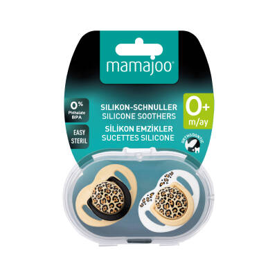 Mamajoo Doppel kieferorthopädische Design Schnuller Beige Leopard mit Sterilisations- und Aufbewahrungsbox / 0+ Monate