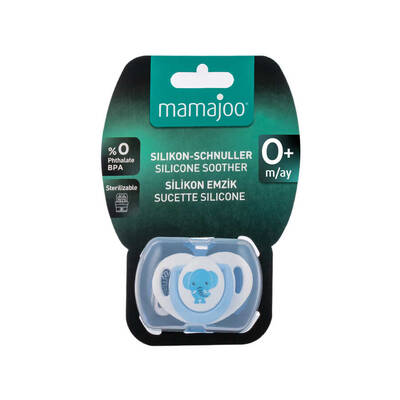 Mamajoo Schnuller im kieferorthopädischen Design Elefant & Blau mit Aufbewahrungsbox / 0+ Monate