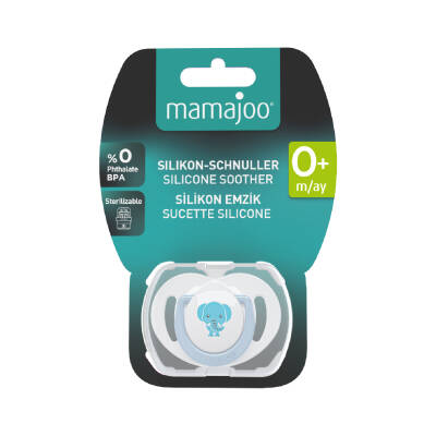 Mamajoo Schnuller im kieferorthopädischen Design Elefant & Blau mit Aufbewahrungsbox / 0+ Monate