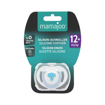 Mamajoo Schnuller im kieferorthopädischen Design Elefant & Blau mit Aufbewahrungsbox / 12+ Monate