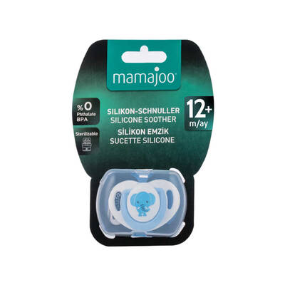 Mamajoo Schnuller im kieferorthopädischen Design Elefant & Blau mit Aufbewahrungsbox / 12+ Monate