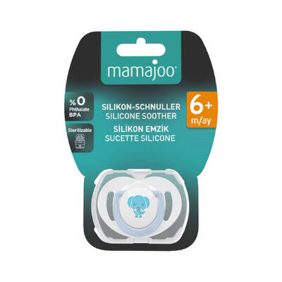 Mamajoo Schnuller im kieferorthopädischen Design Elefant & Blau mit Aufbewahrungsbox / 6+ Monate