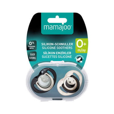 Mamajoo kieferorthopädische Design Schnuller Schwarz&Pearl mit Sterilisations- und Aufbewahrungsbox / Nacht&Tag 0+ Monate