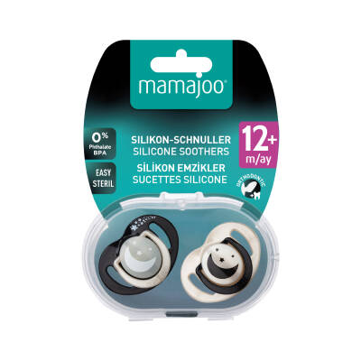 Mamajoo kieferorthopädische Design Schnuller Schwarz&Pearl mit Sterilisations- und Aufbewahrungsbox / Nacht&Tag 12+ Monate