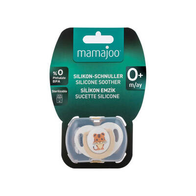 Mamajoo Schnuller im kieferorthopädischer Design Tiger & Ecru mit Aufbewahrungsbox / 0+ Monate